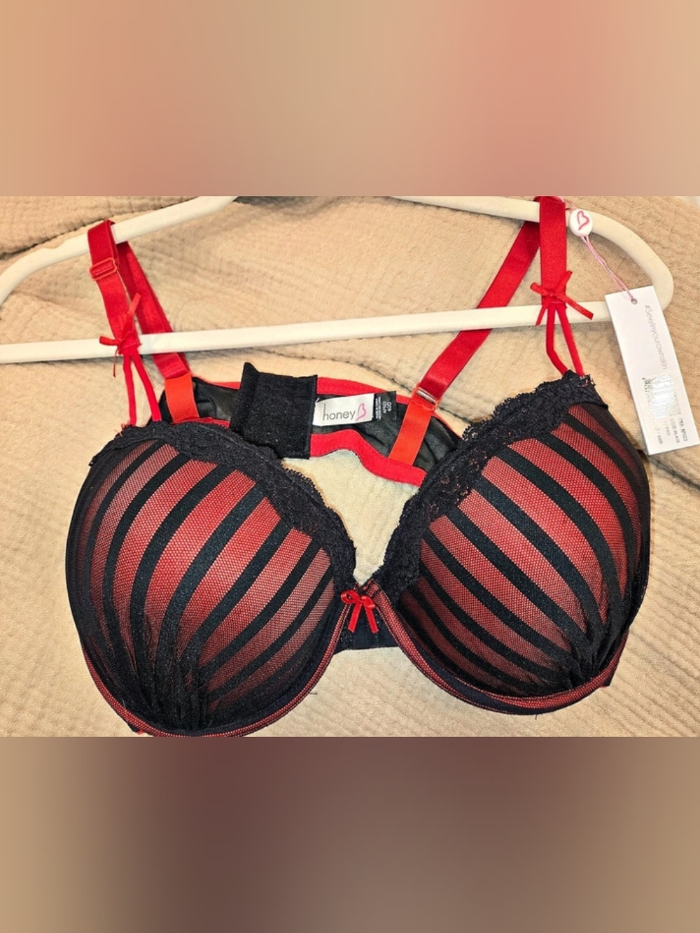 Striped Lace Bra in Red & Black Size 40D NWT